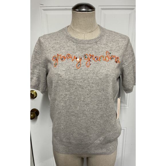 NWT Lingua Franca Cashmere Short Raglan Sleeve Pullover Embroidered Top Gray - Picture 1 of 16